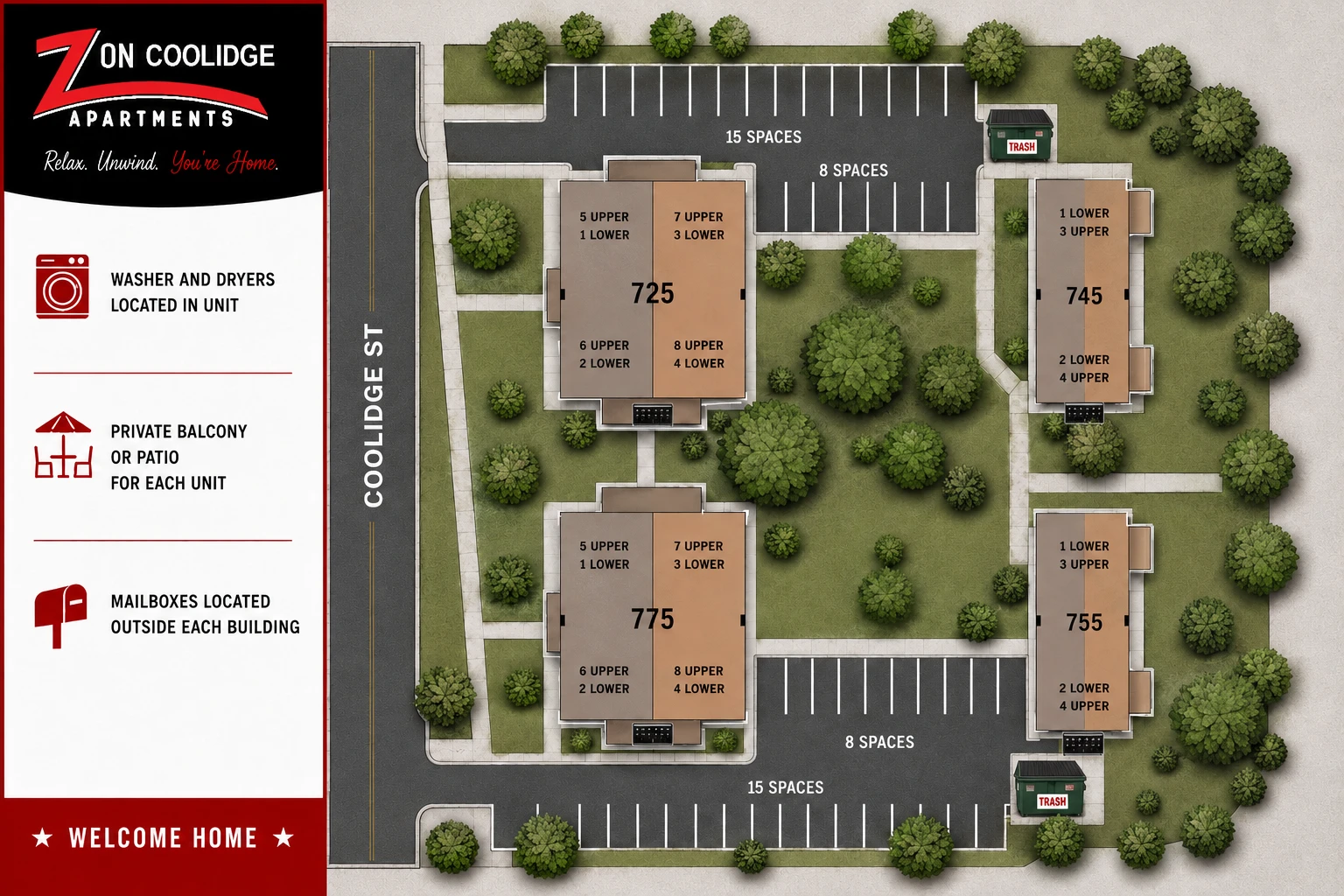Z on Coolidge site map showing building numbers, upper and lower unit locations, parking, and trash containers