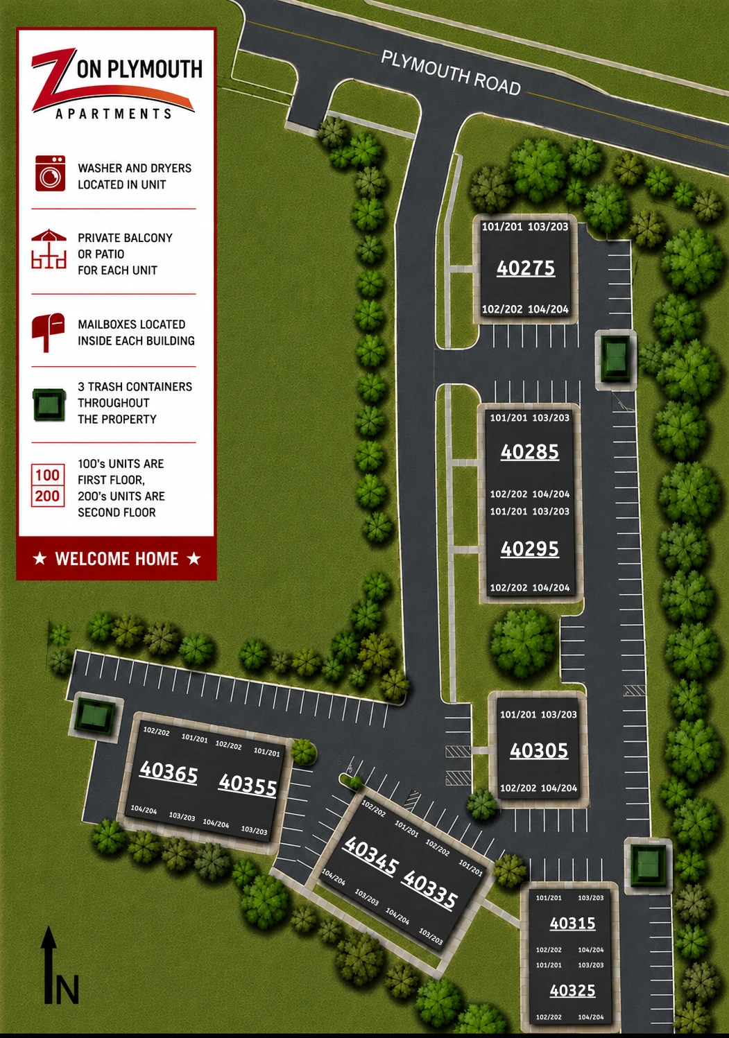 Z on Plymouth site map showing building numbers, unit locations, parking, and trash containers
